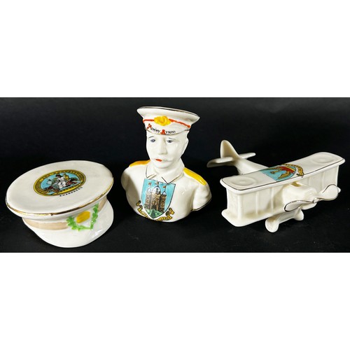 112 - Six crested china items to include a military cap with Berkeley and Gloucester Canal and Sharpness m... 