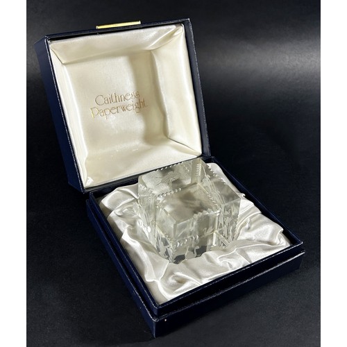 128 - A limited  edition Caithness ‘Swan Lake’ cube paperweight, No 122/250, 6cm with a certificate and or... 