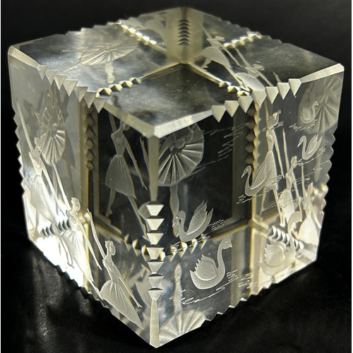 128 - A limited  edition Caithness ‘Swan Lake’ cube paperweight, No 122/250, 6cm with a certificate and or... 