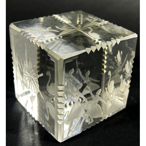 128 - A limited  edition Caithness ‘Swan Lake’ cube paperweight, No 122/250, 6cm with a certificate and or... 