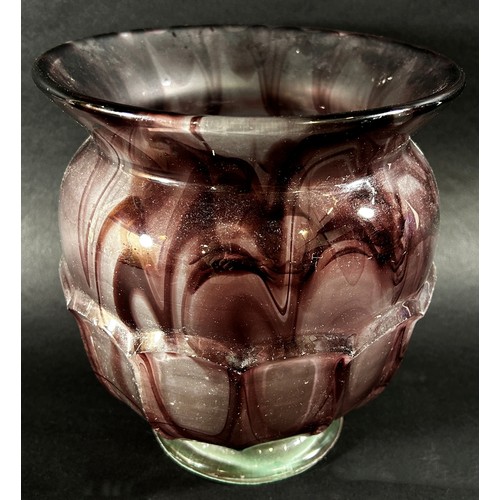 133 - An early 20th century purple “marble” glass bowl and vase, 35cm wide and 20cm high respectively.