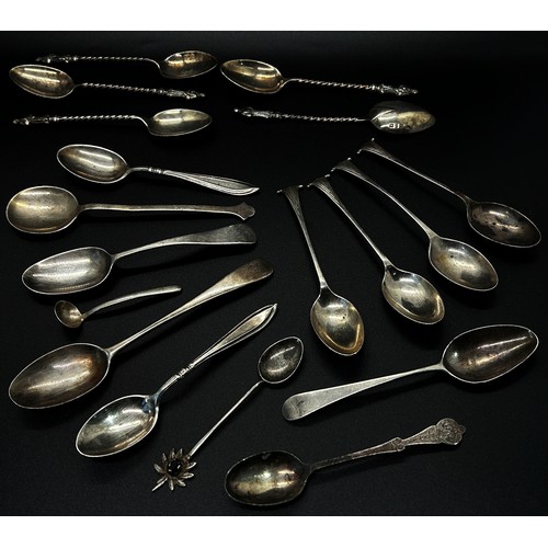 184 - Assorted 19th century silver flatware, mostly spoons for various uses, a fork and two sugar tongs, 1... 