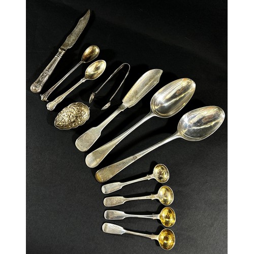 183 - A mixed selection of silver tableware including two 19th century serving spoons, condiment spoons, a... 