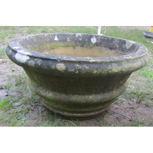 1005 - A pair of weathered cast composition stone circular tapered and ribbed garden planters 60 cm diamete... 