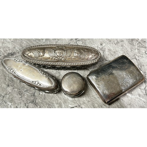 163 - A Chinese export silver capped walking cane, a silver cigarette case, three silver capped glass bott... 