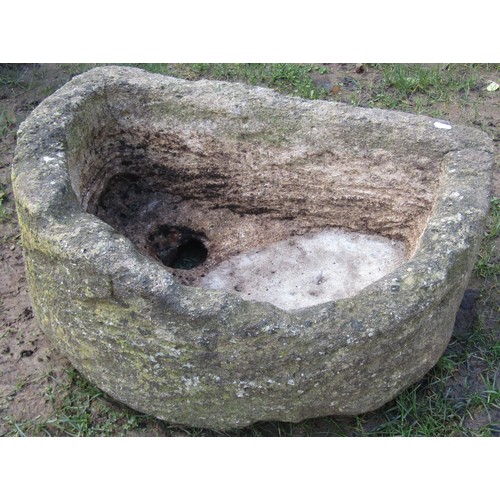 1027 - A weathered Natural stone D shaped trough with circular drainage hole, 27cm high x 68cm x 48cm