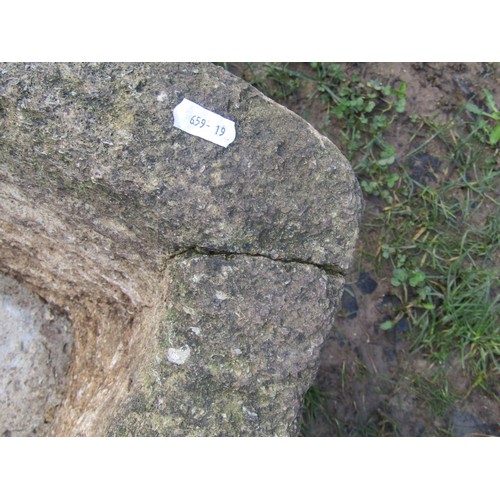 1027 - A weathered Natural stone D shaped trough with circular drainage hole, 27cm high x 68cm x 48cm