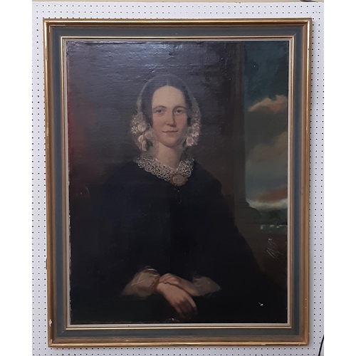 654 - British School, 19th Century - Half portrait of Miss B.I. Bell, unsigned, oil on canvas, inscribed w... 