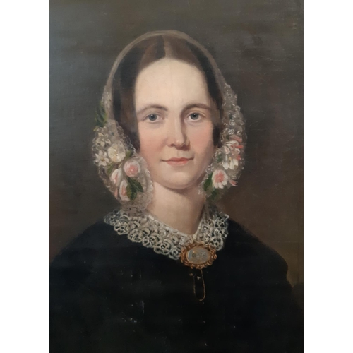 654 - British School, 19th Century - Half portrait of Miss B.I. Bell, unsigned, oil on canvas, inscribed w... 