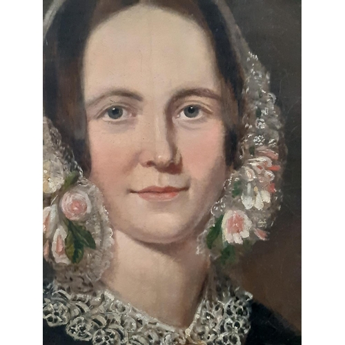 654 - British School, 19th Century - Half portrait of Miss B.I. Bell, unsigned, oil on canvas, inscribed w... 