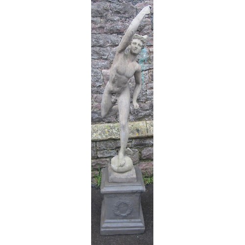 1065 - A cast composition stone garden statue of Mercury raised on a square squat pedestal 150 cm (full hei... 