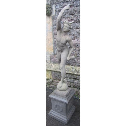 1065 - A cast composition stone garden statue of Mercury raised on a square squat pedestal 150 cm (full hei... 