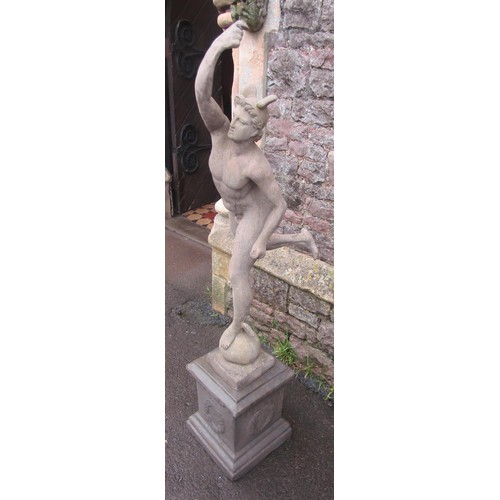 1065 - A cast composition stone garden statue of Mercury raised on a square squat pedestal 150 cm (full hei... 