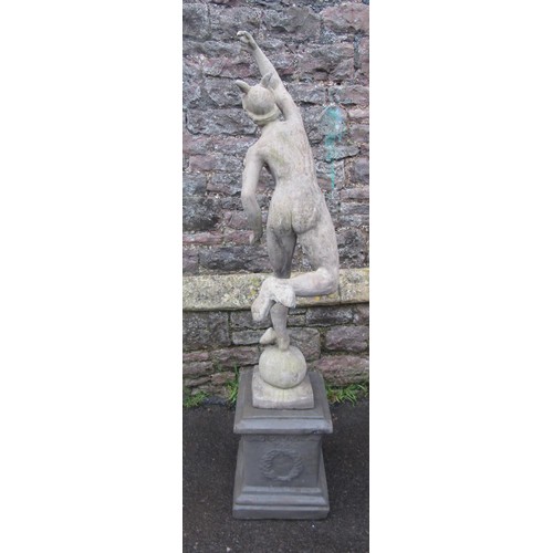 1065 - A cast composition stone garden statue of Mercury raised on a square squat pedestal 150 cm (full hei... 