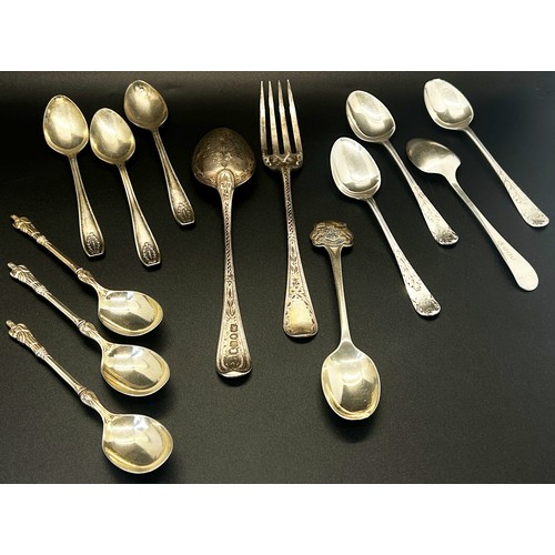 205 - A varied selection of 19th century spoons and a single fork 15.5 oz approx