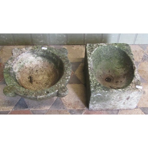 1066 - A small weathered rectangular marble sink 16 cm high x 30 cm long x 23 cm wide, together with a furt... 