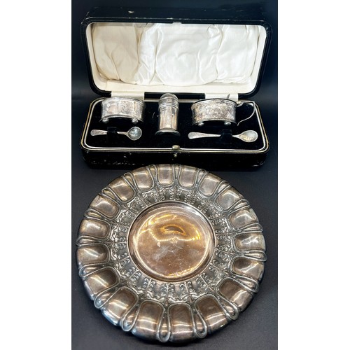 165 - A Victorian Elkington & Co silver tray, a cased condiment set, a box set of a fork and spoon,  a snu... 