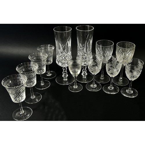 138 - Six cut glass wine glasses with facetted cut stems, together with further wine glasses , Hock glasse... 