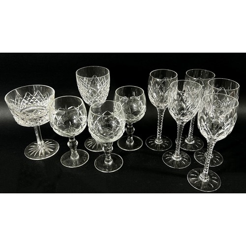 138 - Six cut glass wine glasses with facetted cut stems, together with further wine glasses , Hock glasse... 