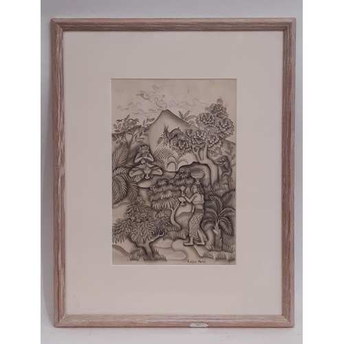 677 - I Ketut Pateh (Balinese, 1904-1981) - Spiritual scene with figures and animals, ink on paper, signed... 