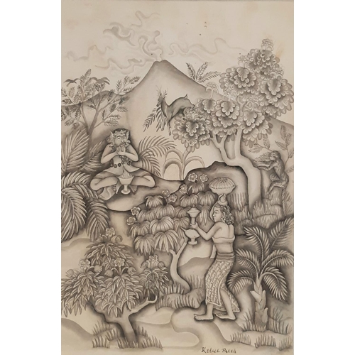 677 - I Ketut Pateh (Balinese, 1904-1981) - Spiritual scene with figures and animals, ink on paper, signed... 