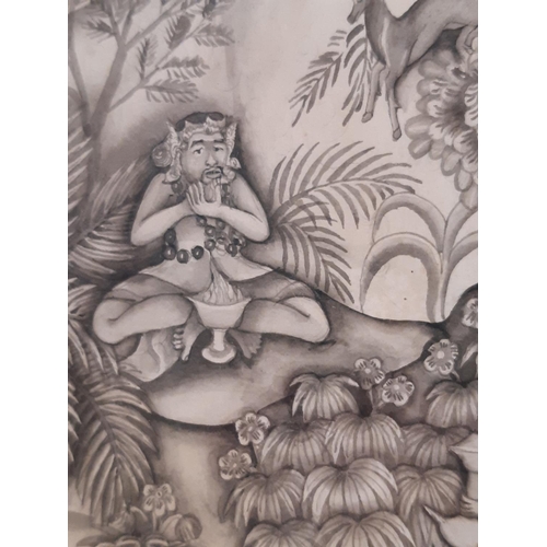 677 - I Ketut Pateh (Balinese, 1904-1981) - Spiritual scene with figures and animals, ink on paper, signed... 