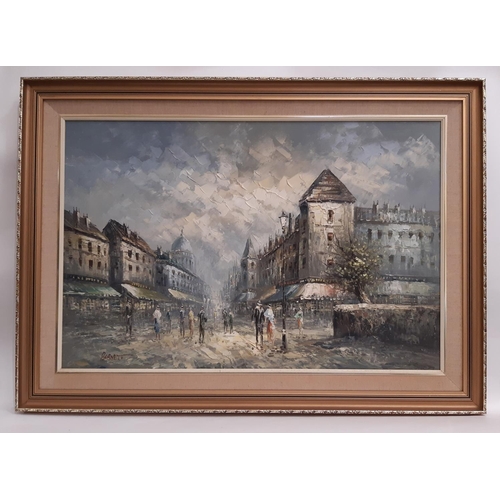 679 - Burnett (20th Century) - Parisian street scene, signed lower left, oil on board, 60 x 90 cm (excludi... 