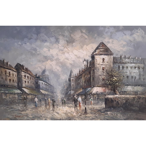 679 - Burnett (20th Century) - Parisian street scene, signed lower left, oil on board, 60 x 90 cm (excludi... 