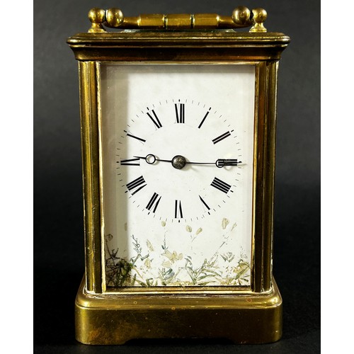 446 - A 19th century carriage clock, the white enamelled dial with further painted detail, with eight day ... 