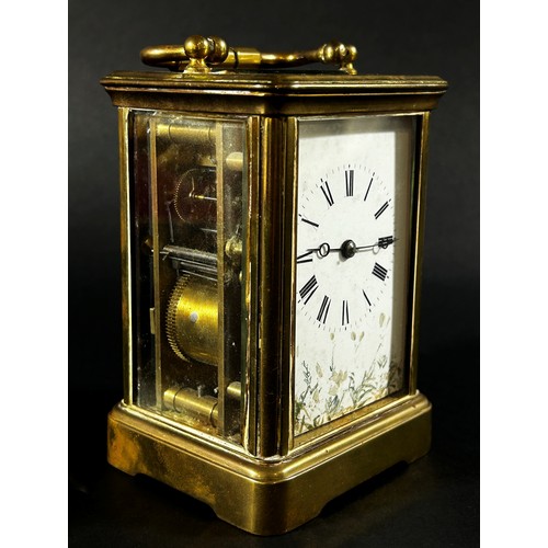 446 - A 19th century carriage clock, the white enamelled dial with further painted detail, with eight day ... 