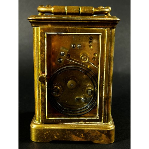 446 - A 19th century carriage clock, the white enamelled dial with further painted detail, with eight day ... 