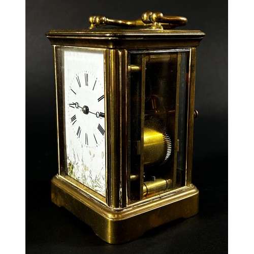 446 - A 19th century carriage clock, the white enamelled dial with further painted detail, with eight day ... 