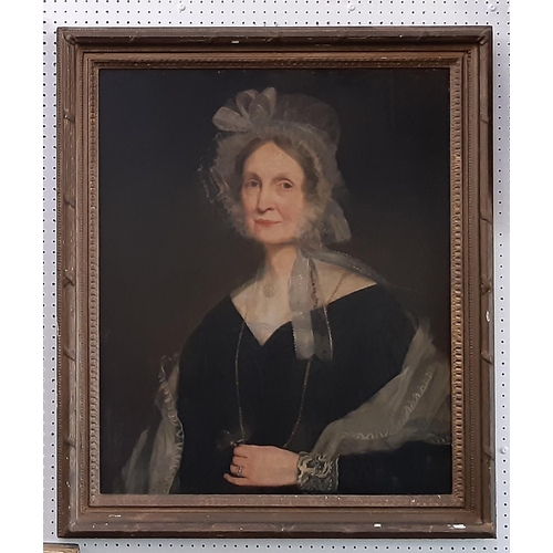 695 - British School, 19th Century - Half portrait of a lady wearing a lace trip bonnet holding a looking ... 