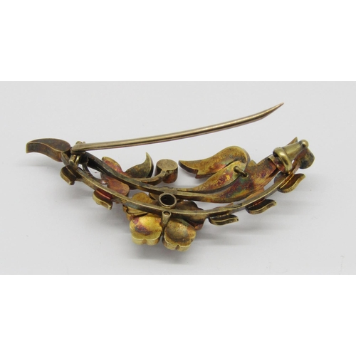 231 - Antique yellow metal floral spray brooch set with pearls, 5.2cm W approx, 10.7g