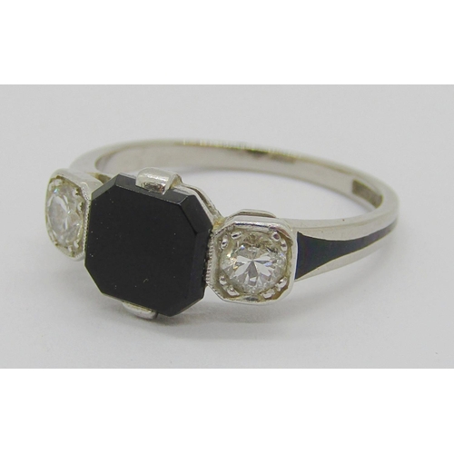 239 - Art Deco octagonal-cut onyx and diamond three stone ring, diamonds 0.15ct each approx, shank stamped... 