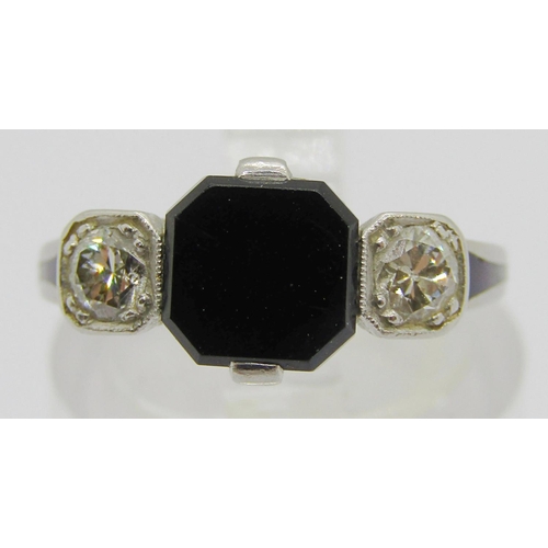 239 - Art Deco octagonal-cut onyx and diamond three stone ring, diamonds 0.15ct each approx, shank stamped... 