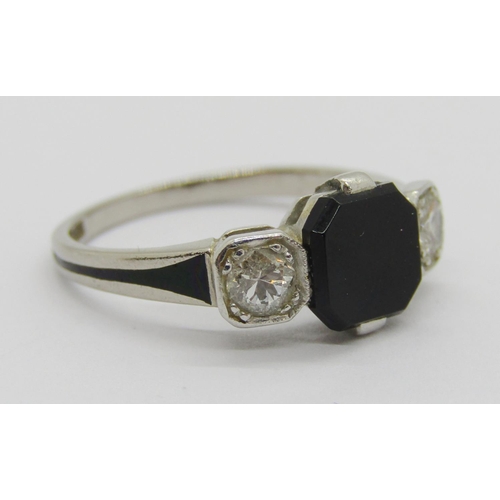 239 - Art Deco octagonal-cut onyx and diamond three stone ring, diamonds 0.15ct each approx, shank stamped... 