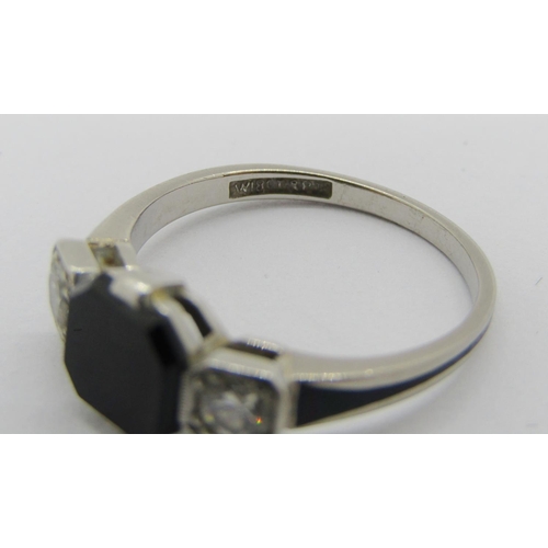 239 - Art Deco octagonal-cut onyx and diamond three stone ring, diamonds 0.15ct each approx, shank stamped... 