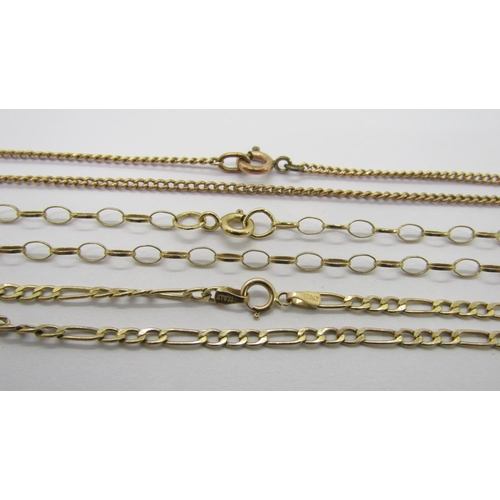 244 - Three chain necklaces; a 9ct figaro link example, a 9ct belcher link example and a yellow metal exam... 