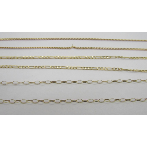 244 - Three chain necklaces; a 9ct figaro link example, a 9ct belcher link example and a yellow metal exam... 