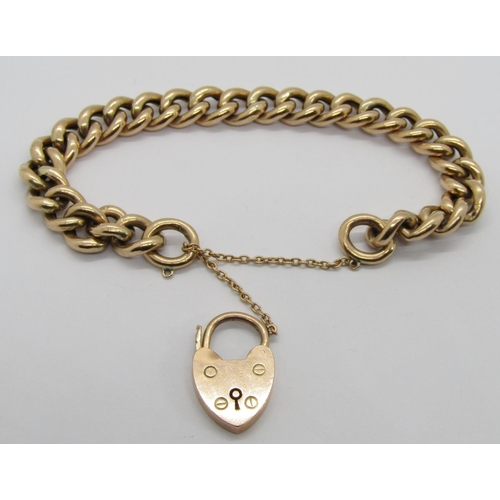 246 - Antique 9ct curb link bracelet with heart padlock clasp, 19.6g