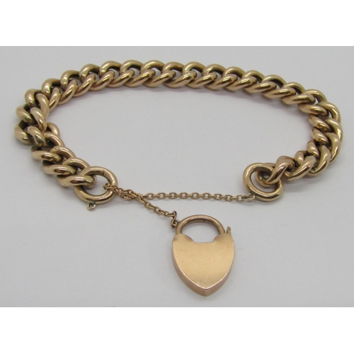 246 - Antique 9ct curb link bracelet with heart padlock clasp, 19.6g