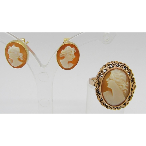 254 - Pair of 18ct cameo stud earrings, 1.5g, together with a yellow metal cameo ring, indistinctly stampe... 