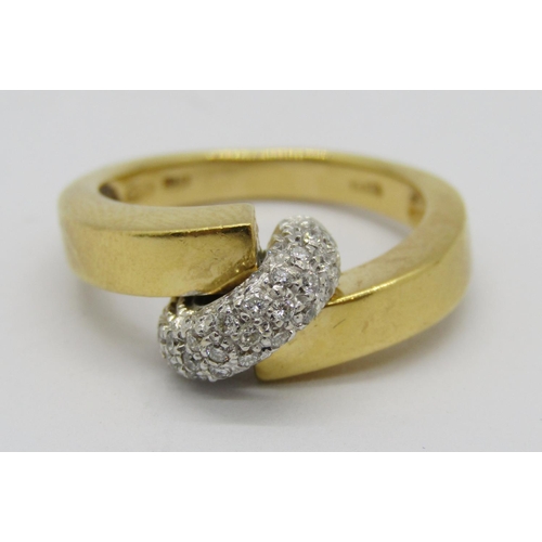 255 - Italian 'Vento' 18ct bi-colour stylised crossover ring, pavé set with diamonds, size N, 7.4g