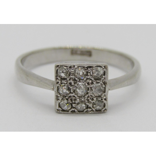 258 - Art Deco platinum diamond set square panel ring, head 7 x 7mm approx, size M, 3.6g