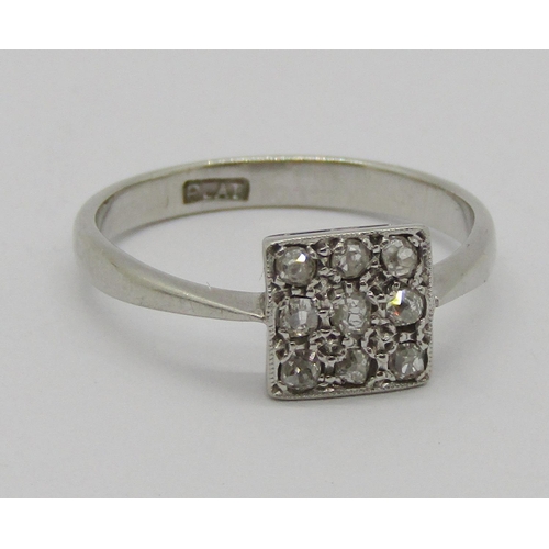 258 - Art Deco platinum diamond set square panel ring, head 7 x 7mm approx, size M, 3.6g