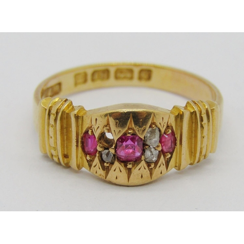 259 - Late Victorian 18ct ruby and rose-cut diamond ring, Birmingham 1881, size M/N, 3.5g (af one diamond ... 