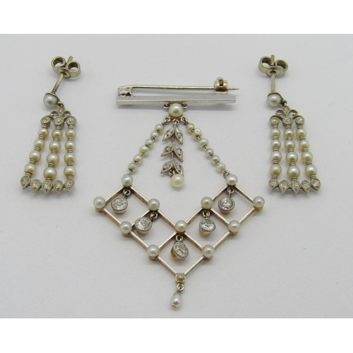 262 - Belle Epoque pearl and diamond brooch and a similar pair of drop earrings, the brooch in bi-colour m... 