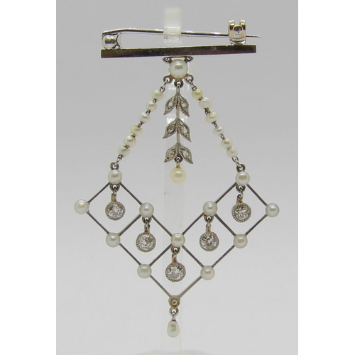 262 - Belle Epoque pearl and diamond brooch and a similar pair of drop earrings, the brooch in bi-colour m... 