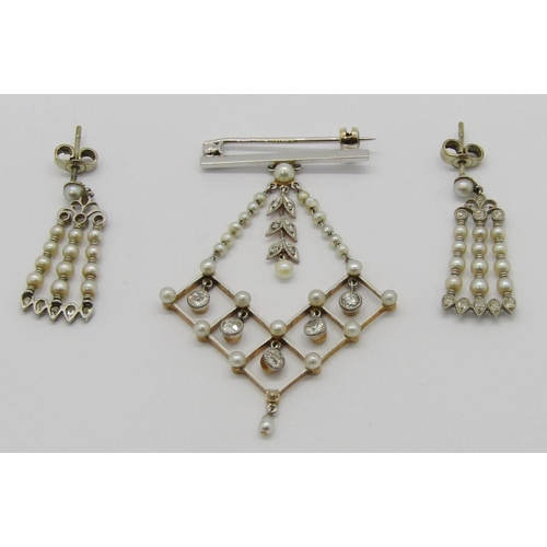 262 - Belle Epoque pearl and diamond brooch and a similar pair of drop earrings, the brooch in bi-colour m... 